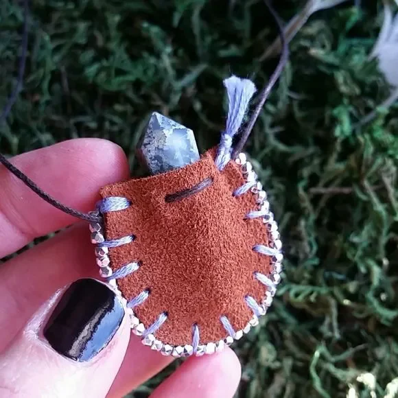 Leather Mini Mojo Bag Necklace by Rust Belt Raised Moss Agate Necklace - Picture 3 of 16